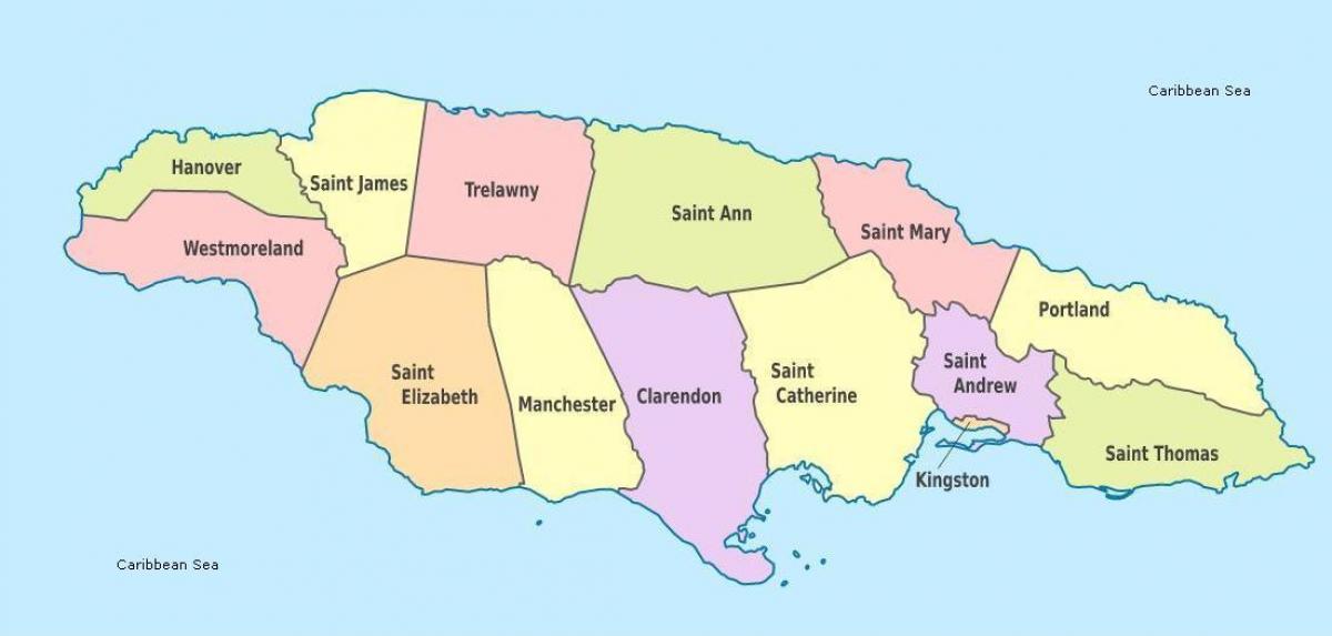 một bản đồ của jamaica với giáo xứ và thủ đô