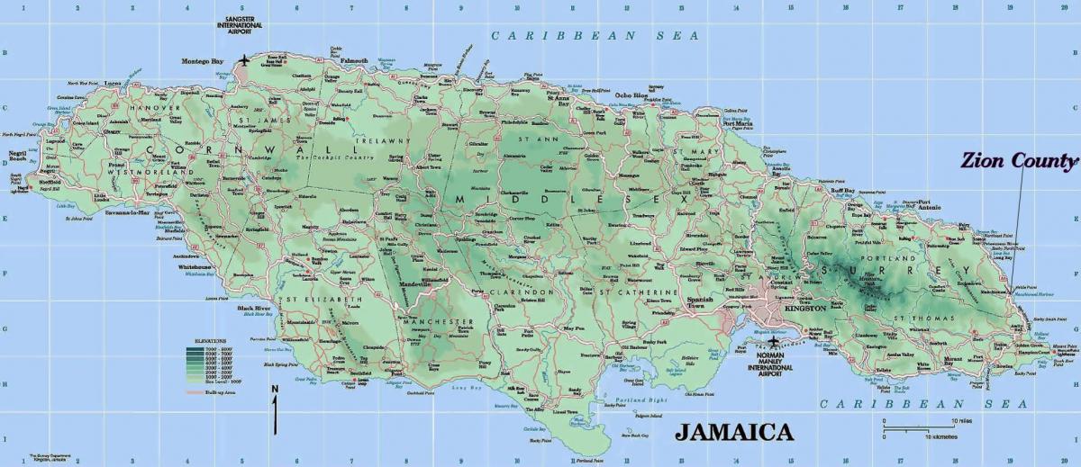 bản đồ vật lý của jamaica đang ở núi