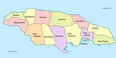 Một bản đồ của jamaica với giáo xứ và thủ đô