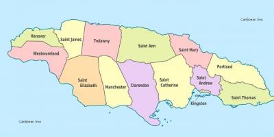 Một bản đồ của jamaica với giáo xứ và thủ đô